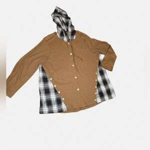 Brown Waffle Knit And Black And White Plaid Hooded shirt. 3x Mixed Print. Plus